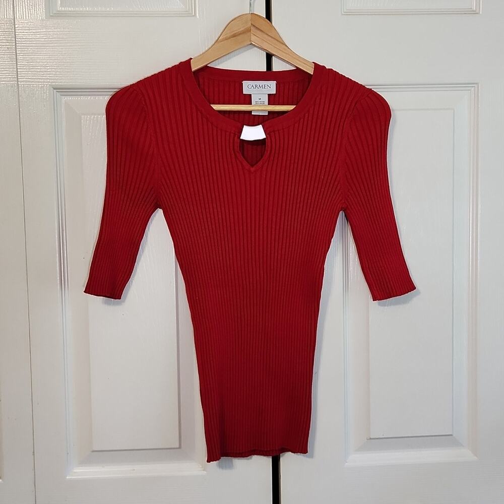Carmen Marc Valvo Deep Red Ribbed 1/2 Sleeve Sweater Size Med Crew Neck Keyhole
